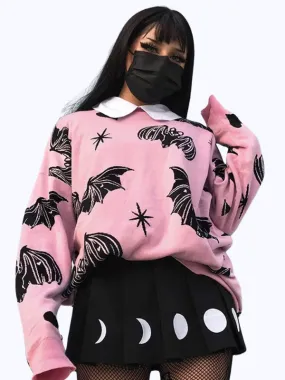 Pink Knit Sweater with Bats and Hearts