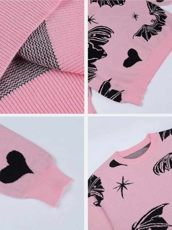 Pink Knit Sweater with Bats and Hearts