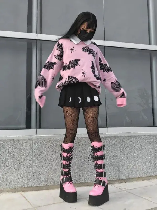 Pink Knit Sweater with Bats and Hearts