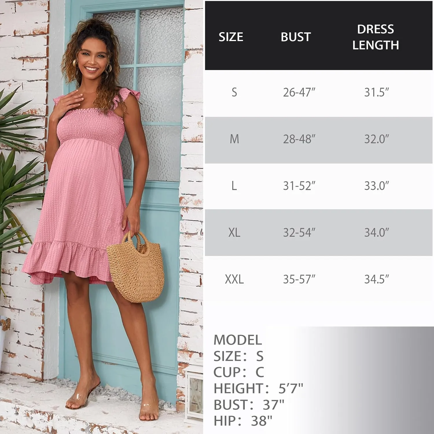 Sleeveless Maternity Dress Ruffled Shoulder Strappy Loose Smocked Pregnant Dress Summer