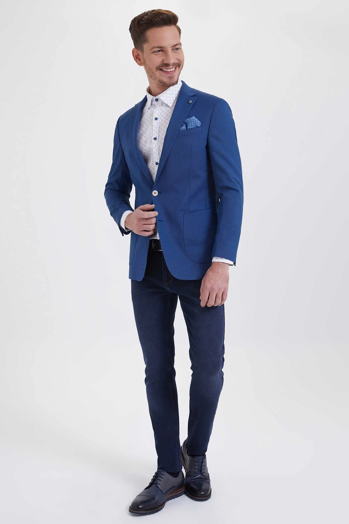 Slim Fit Notch Lapel Patterned Cotton Blend Ice Blue Classic Blazer, Navy D.