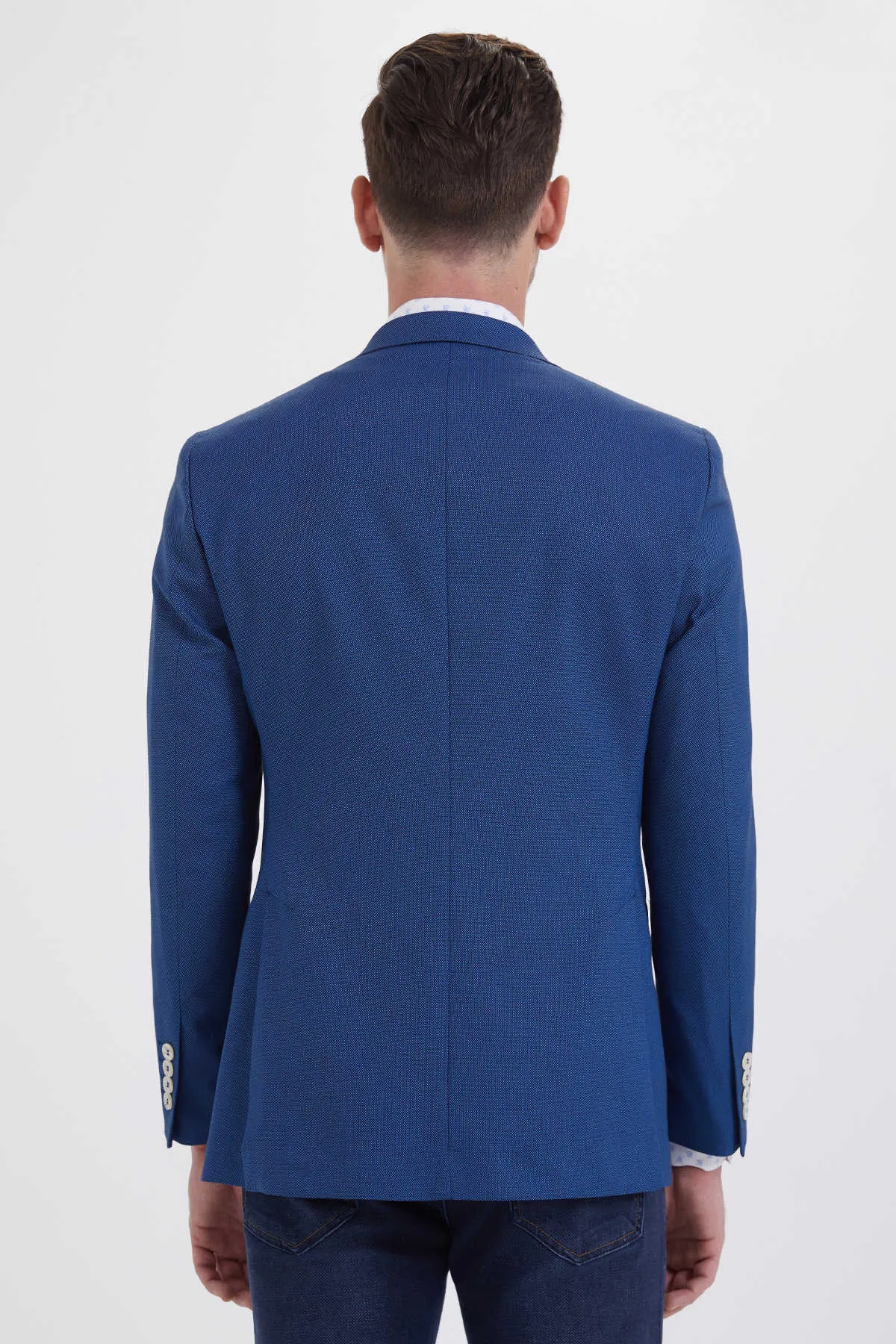Slim Fit Notch Lapel Patterned Cotton Blend Ice Blue Classic Blazer, Navy D.