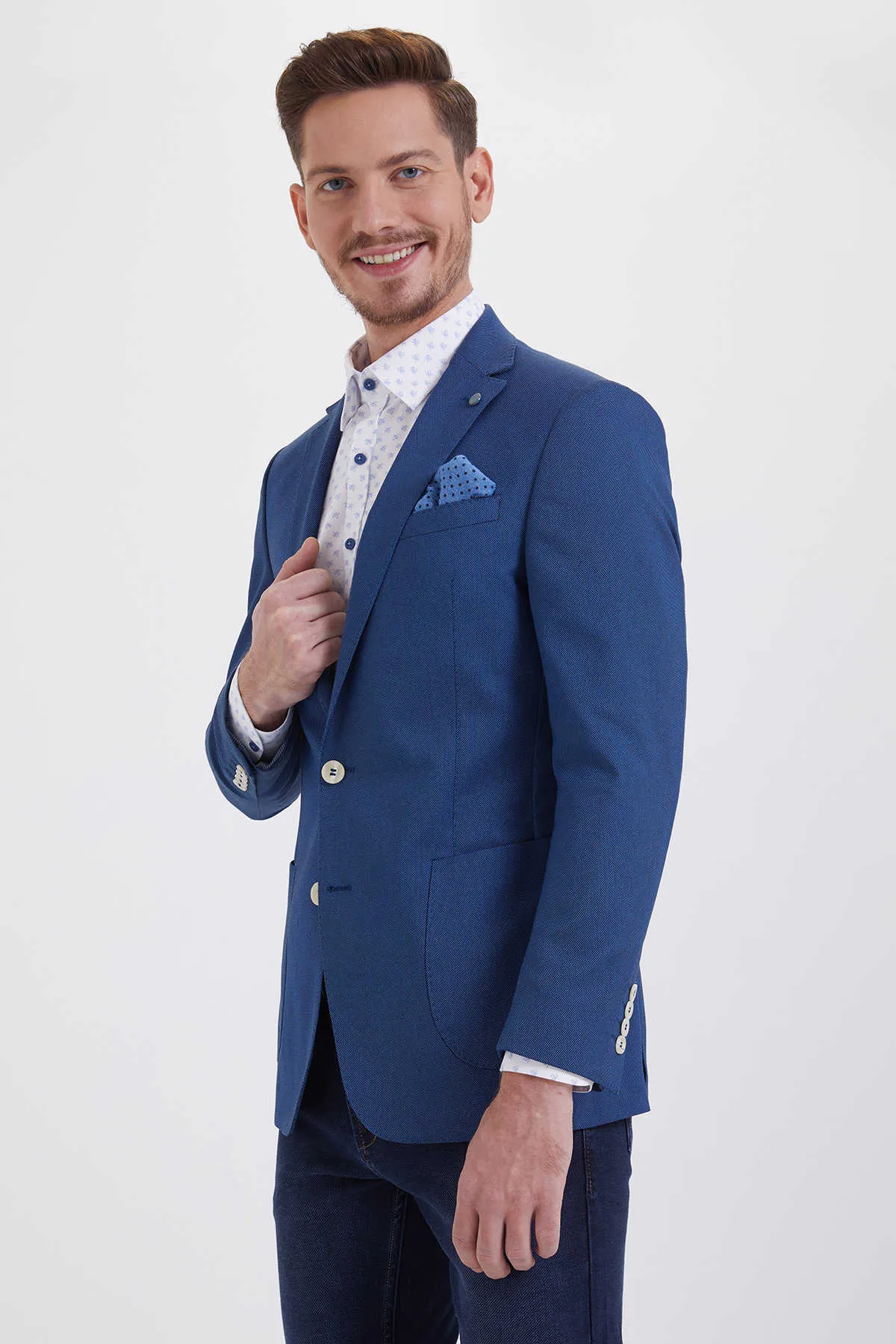 Slim Fit Notch Lapel Patterned Cotton Blend Ice Blue Classic Blazer, Navy D.