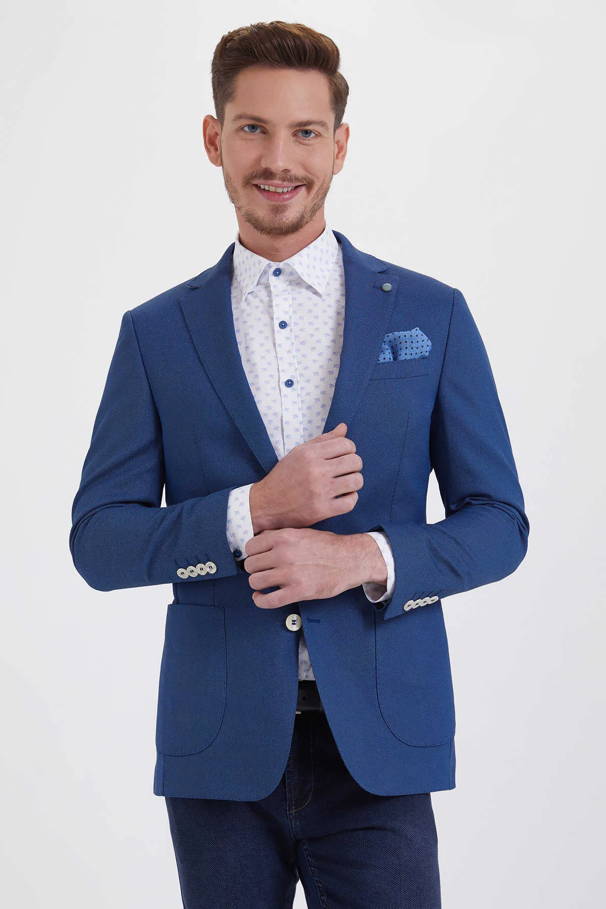 Slim Fit Notch Lapel Patterned Cotton Blend Ice Blue Classic Blazer, Navy D.