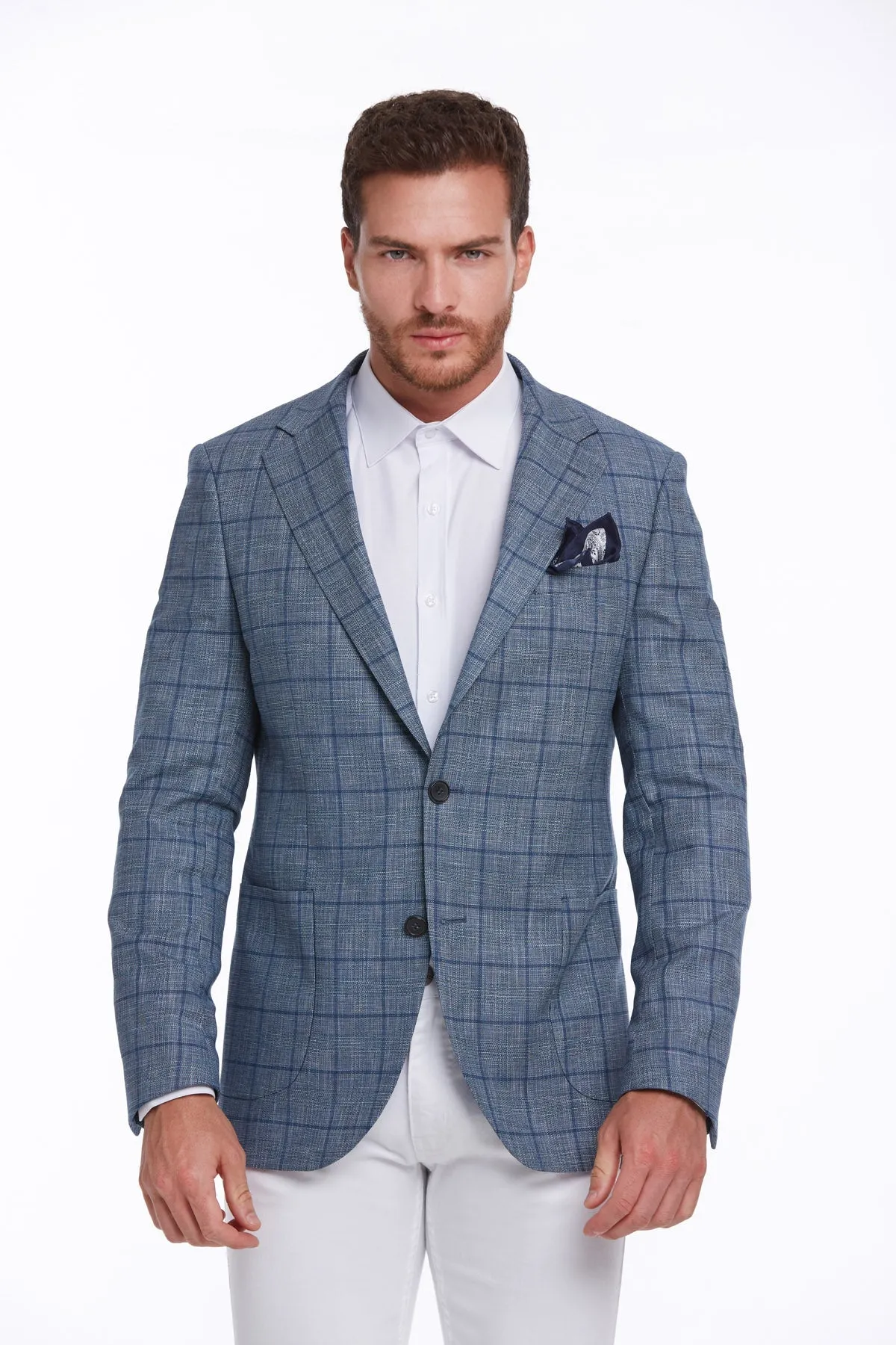 Slim Fit Notch Lapel Plaid Linen Blue Classic Blazer