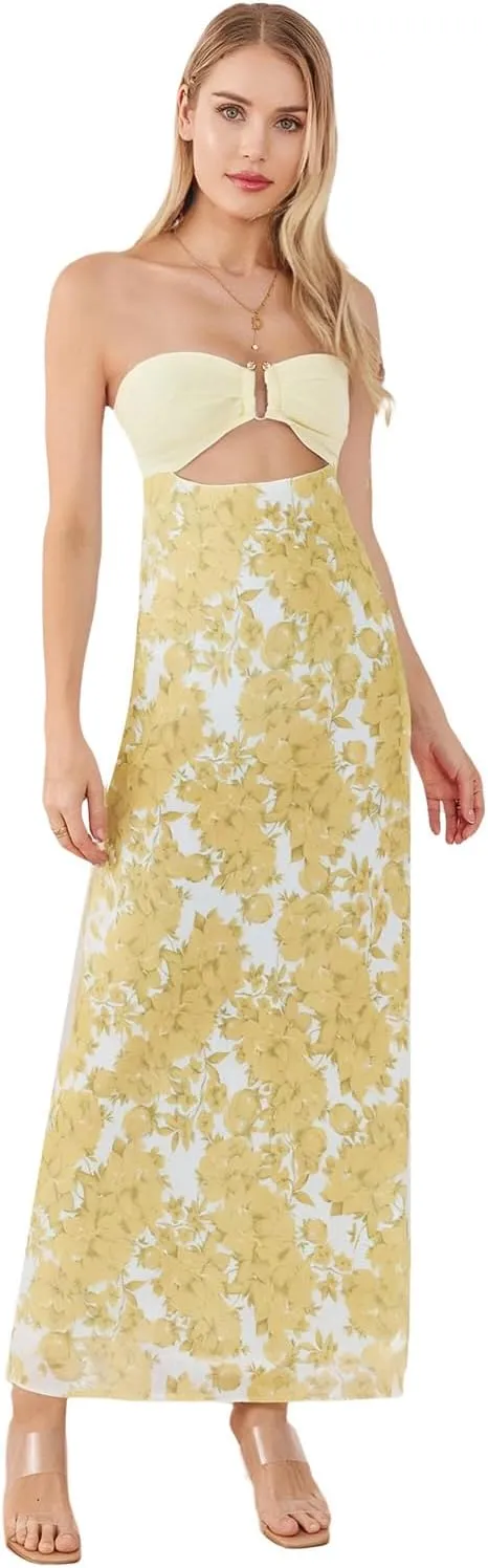 SOLILOQUY Women Strapless Maxi Dress Sexy Bow Tie Back Cut Out Front Patchwork Floral Print Maxi Skirt Beach Vacation