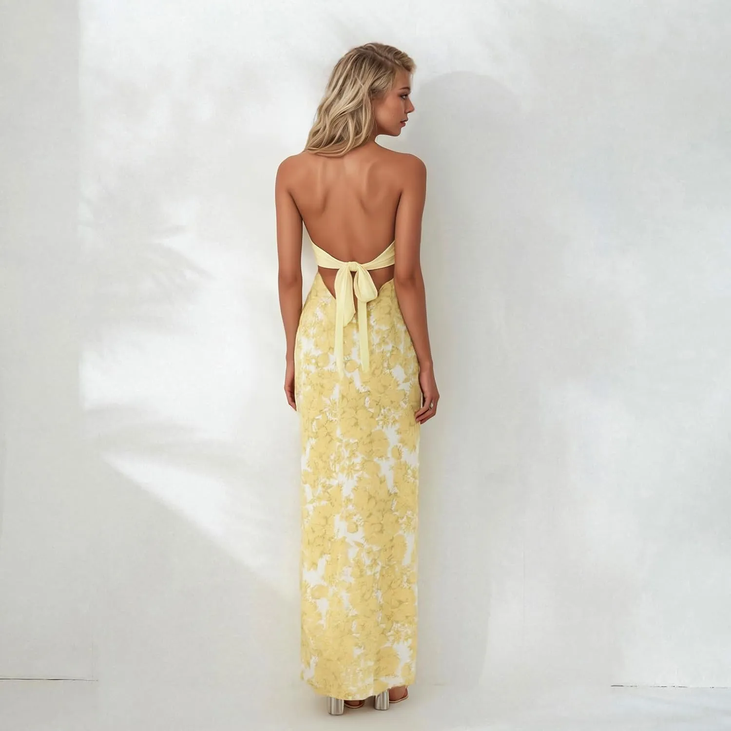 SOLILOQUY Women Strapless Maxi Dress Sexy Bow Tie Back Cut Out Front Patchwork Floral Print Maxi Skirt Beach Vacation