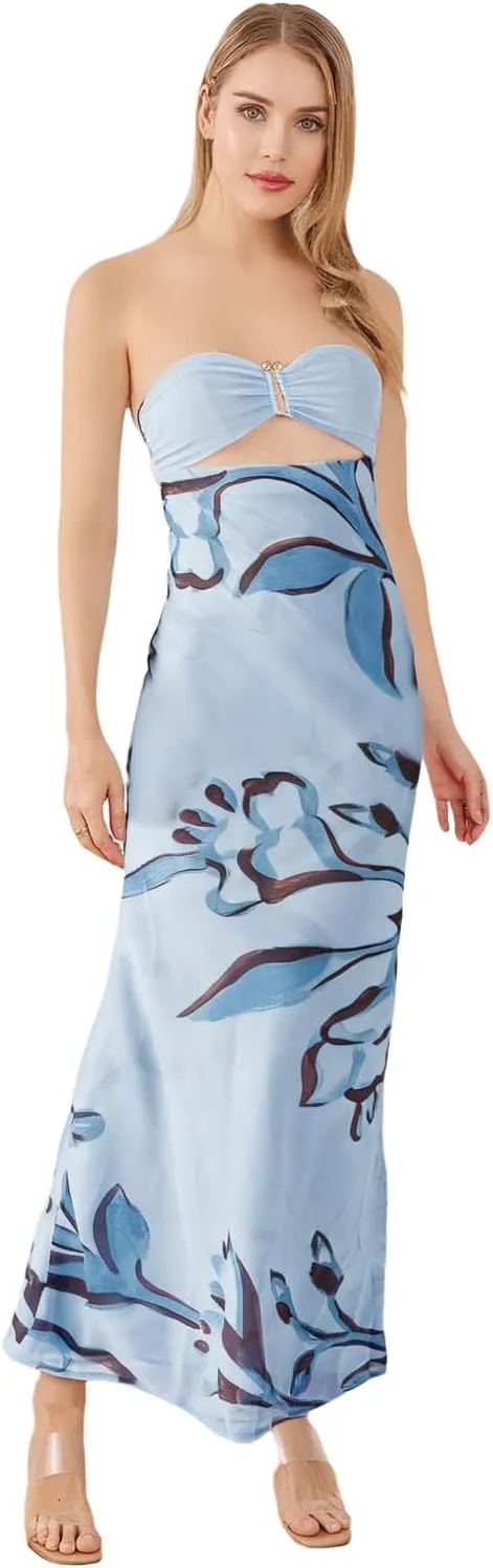 SOLILOQUY Women Strapless Maxi Dress Sexy Bow Tie Back Cut Out Front Patchwork Floral Print Maxi Skirt Beach Vacation