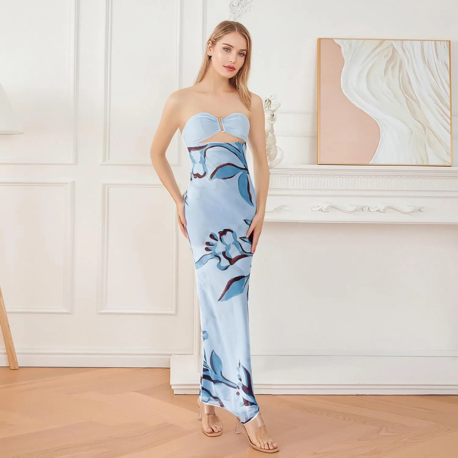 SOLILOQUY Women Strapless Maxi Dress Sexy Bow Tie Back Cut Out Front Patchwork Floral Print Maxi Skirt Beach Vacation