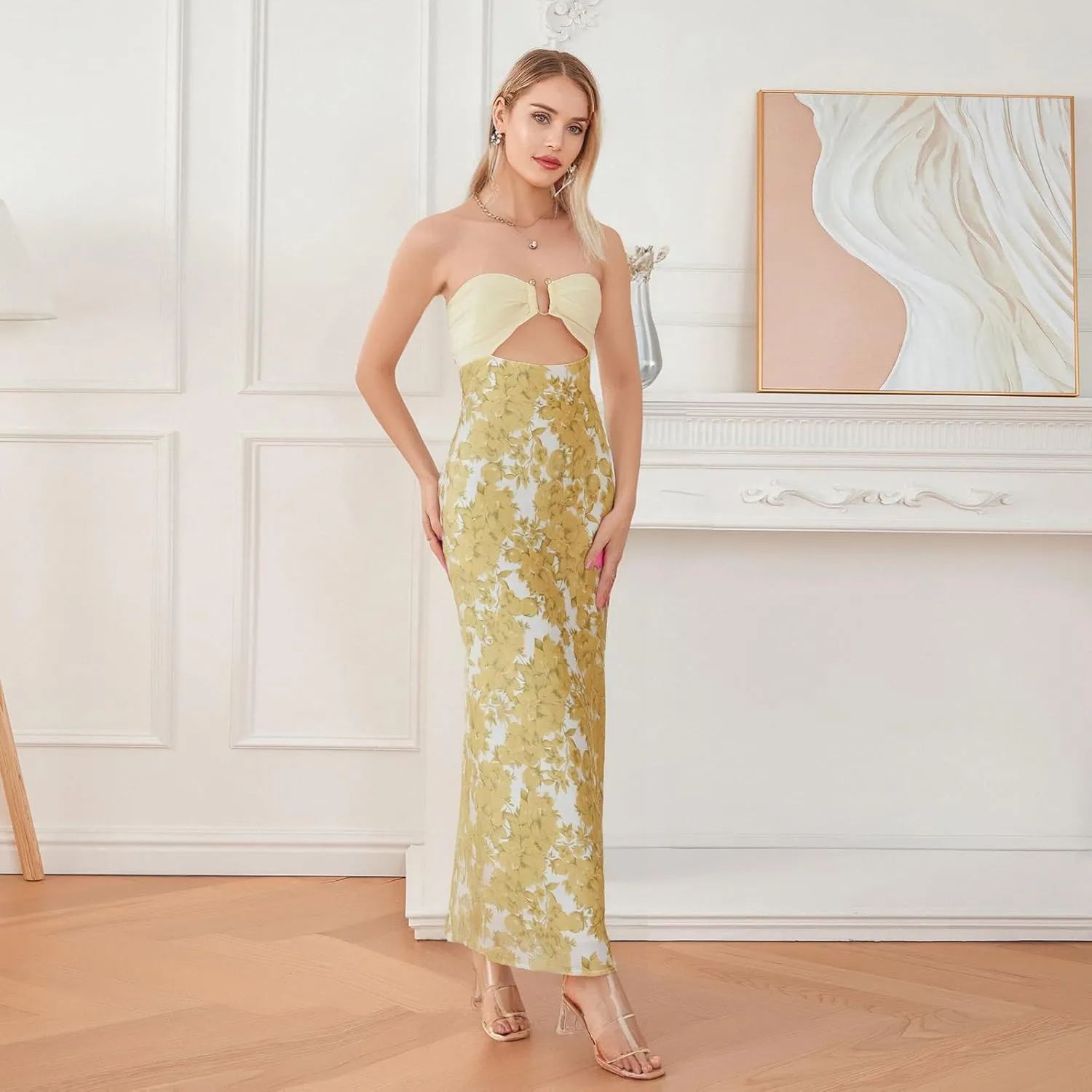SOLILOQUY Women Strapless Maxi Dress Sexy Bow Tie Back Cut Out Front Patchwork Floral Print Maxi Skirt Beach Vacation