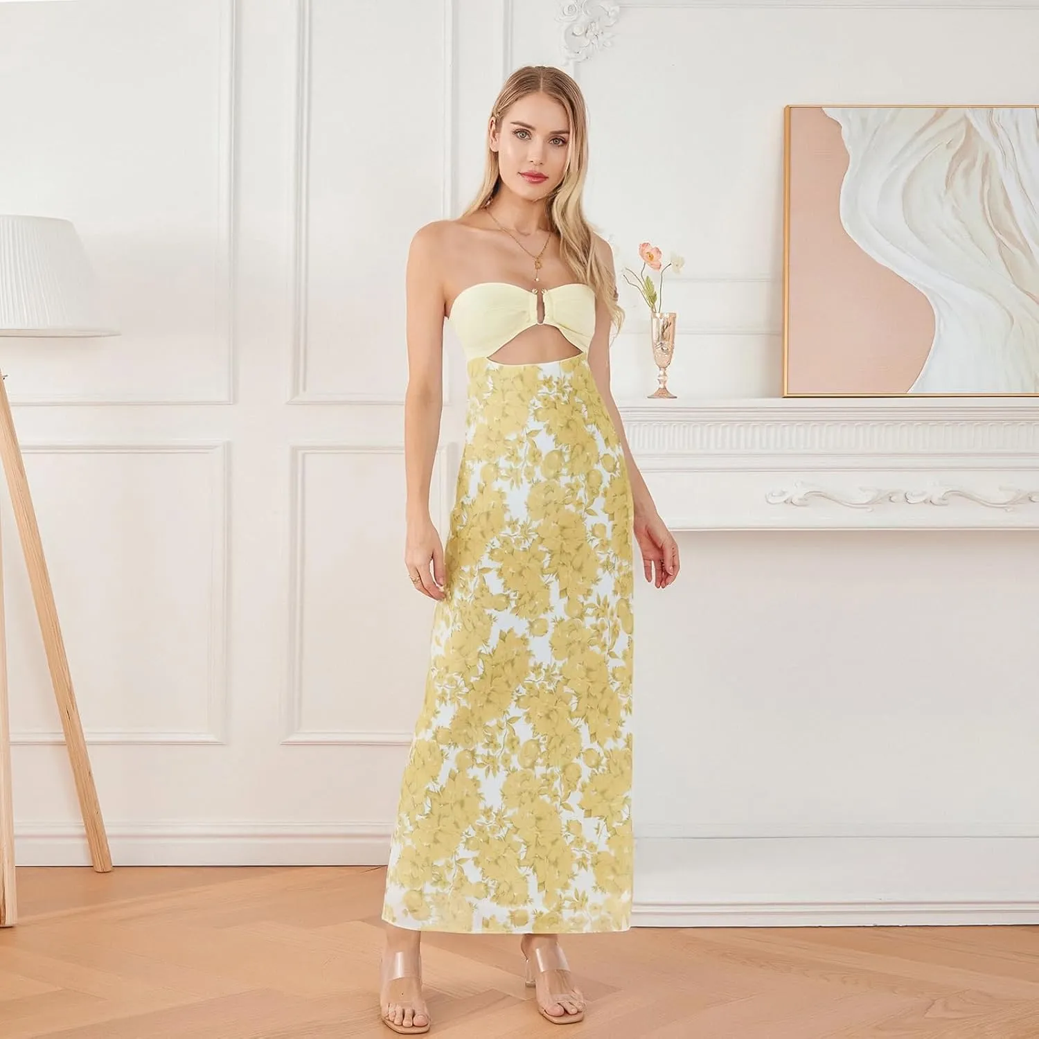 SOLILOQUY Women Strapless Maxi Dress Sexy Bow Tie Back Cut Out Front Patchwork Floral Print Maxi Skirt Beach Vacation