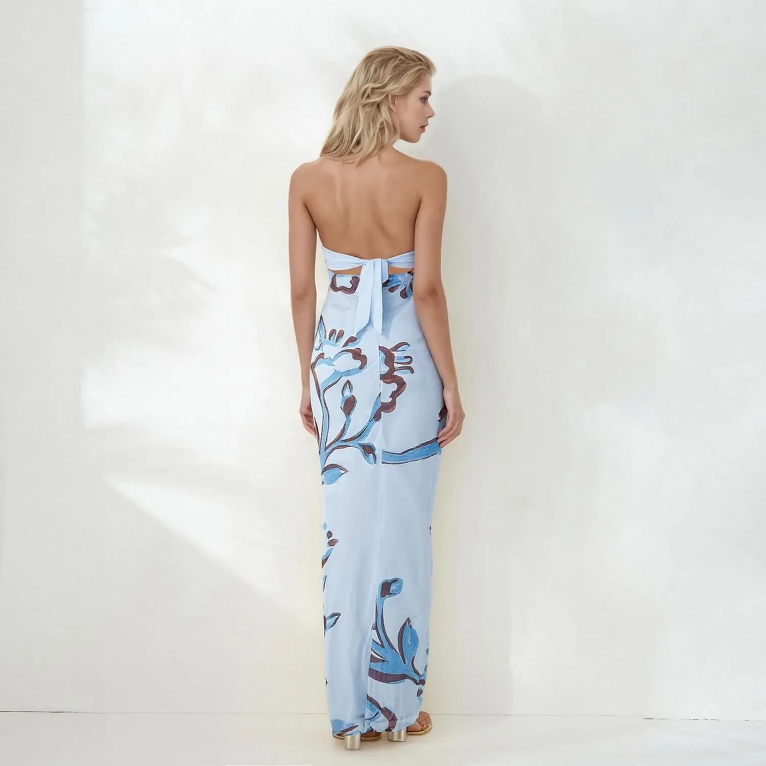 SOLILOQUY Women Strapless Maxi Dress Sexy Bow Tie Back Cut Out Front Patchwork Floral Print Maxi Skirt Beach Vacation