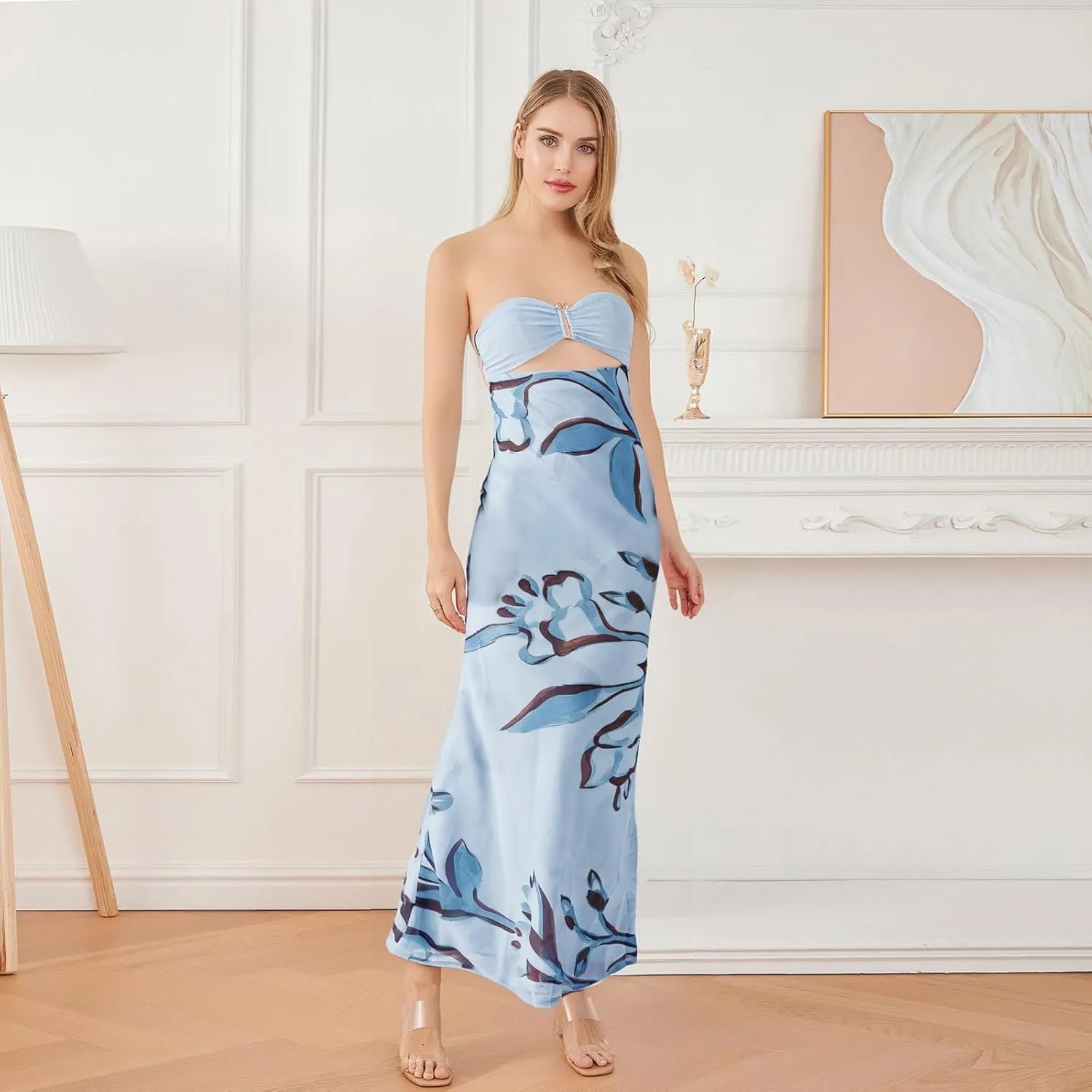 SOLILOQUY Women Strapless Maxi Dress Sexy Bow Tie Back Cut Out Front Patchwork Floral Print Maxi Skirt Beach Vacation