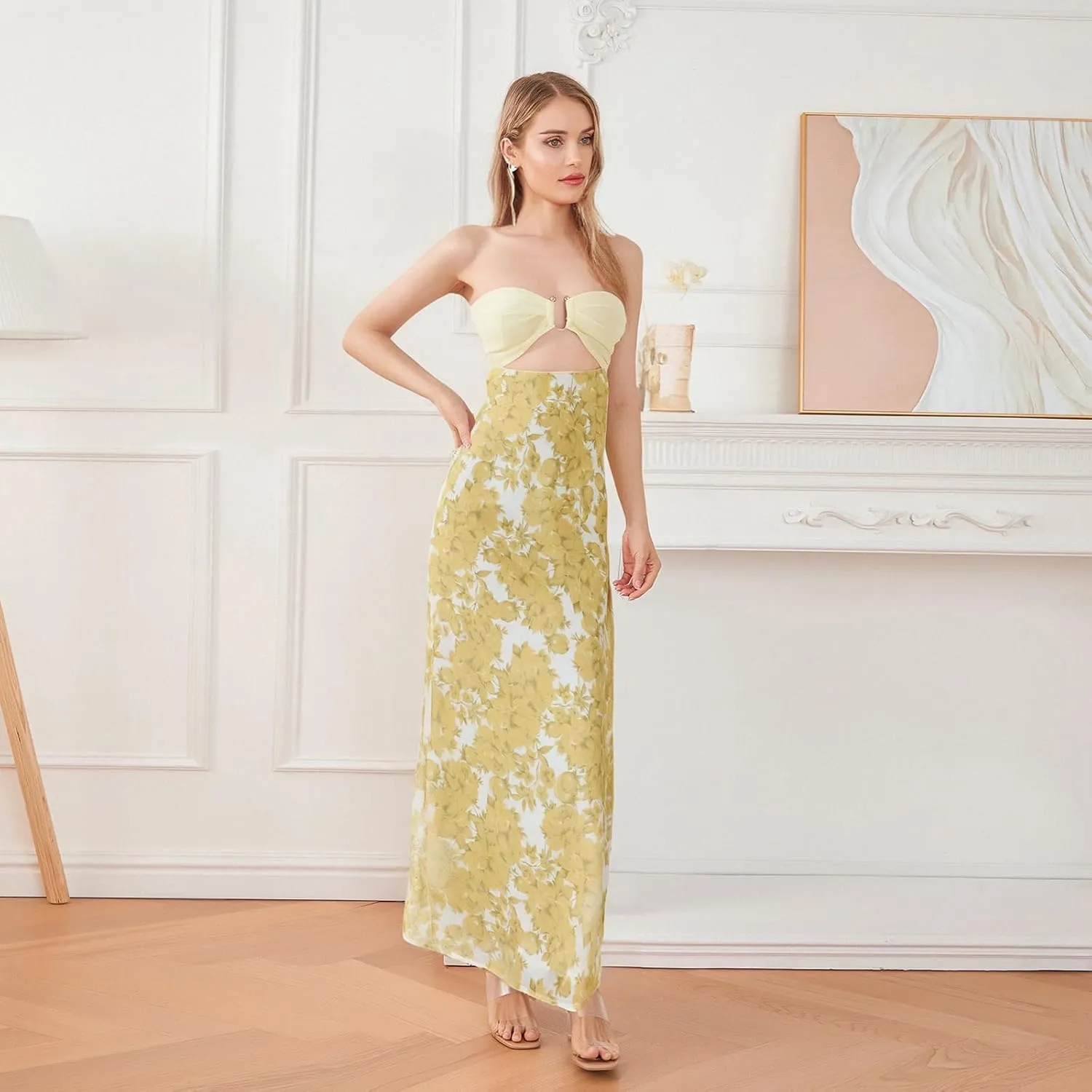 SOLILOQUY Women Strapless Maxi Dress Sexy Bow Tie Back Cut Out Front Patchwork Floral Print Maxi Skirt Beach Vacation