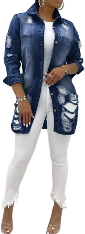 SOMTHRON Women's Destroyed Denim Jeans Outfits Coat Spring Fall Washed Jeans Outerwear Denim Jacket(781ZQ-S)