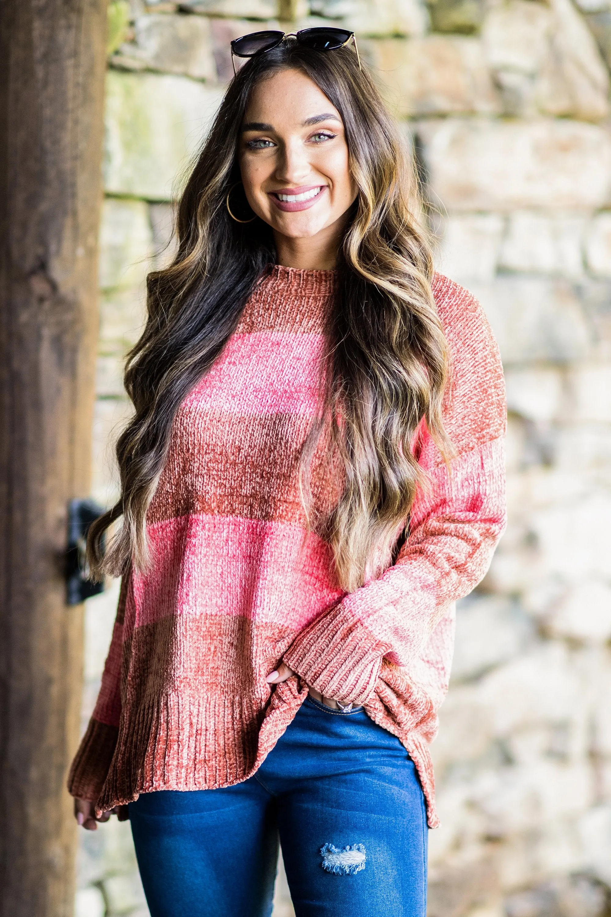 Take Me To The Fire Camel-Pink Chenille Sweater