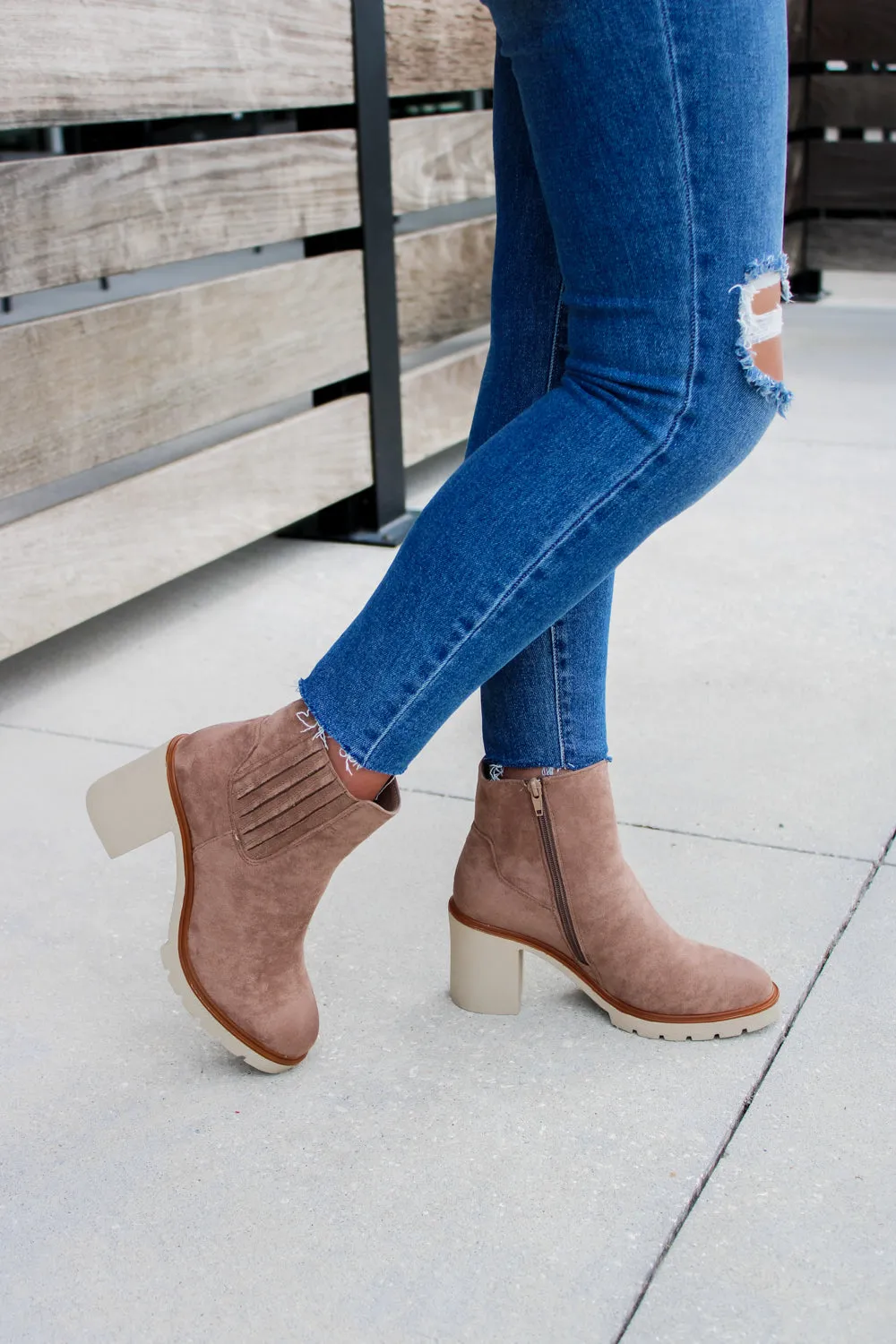 The Ashlee Suede Block Heel Booties - Taupe