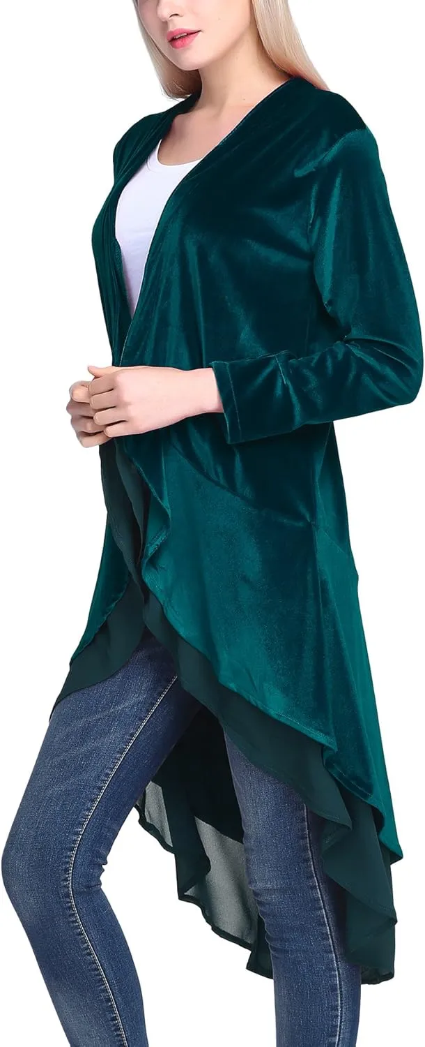 Urban CoCo Women's Long Sleeve Velvet Cardigan Coat with Asymmetric Chiffon Hem