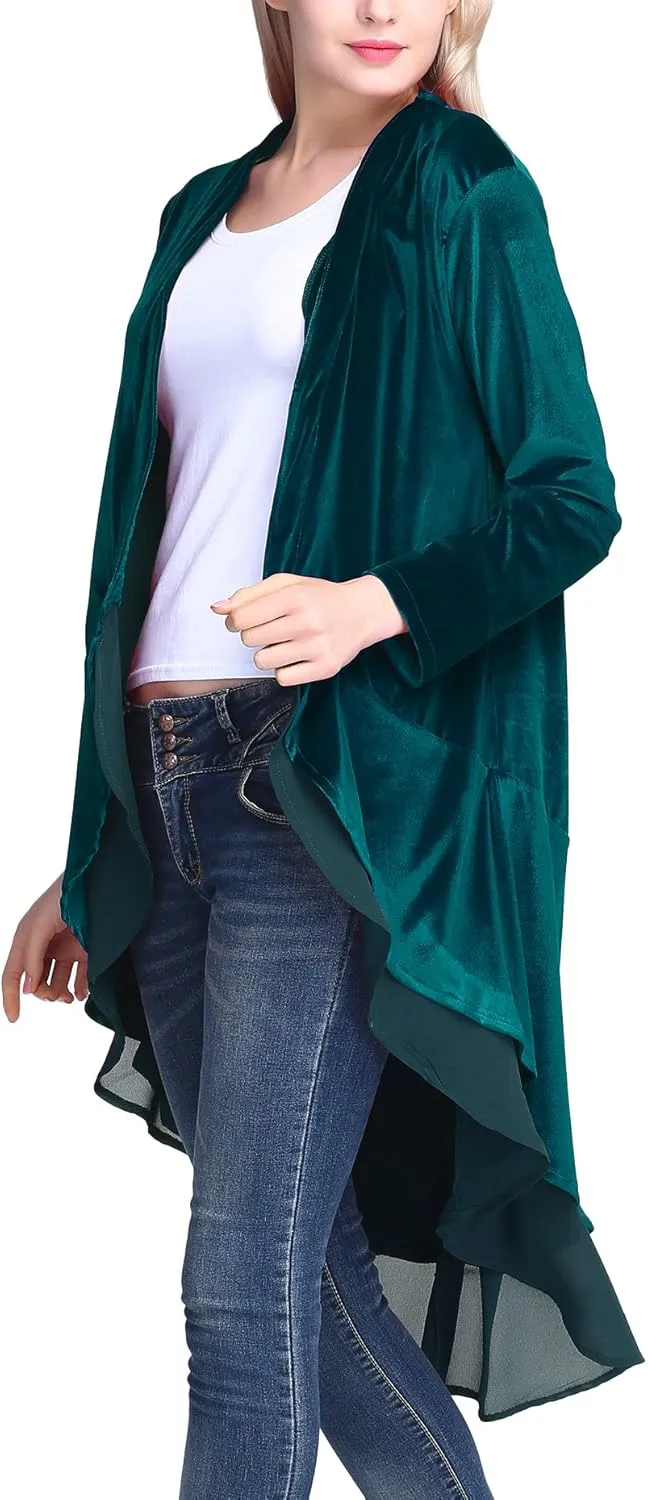 Urban CoCo Women's Long Sleeve Velvet Cardigan Coat with Asymmetric Chiffon Hem