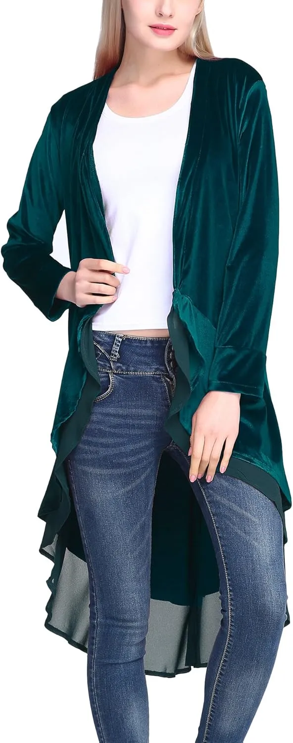 Urban CoCo Women's Long Sleeve Velvet Cardigan Coat with Asymmetric Chiffon Hem