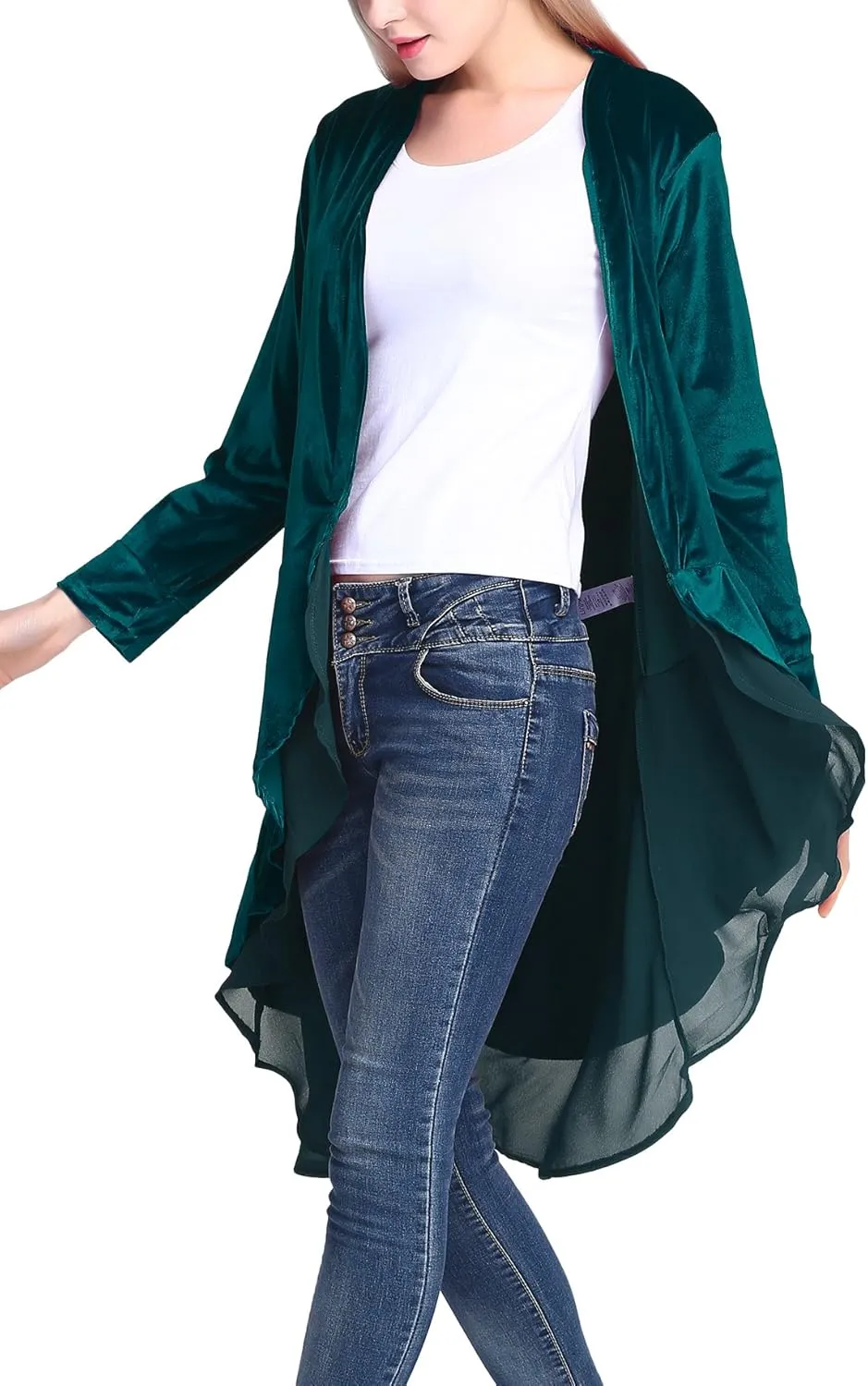 Urban CoCo Women's Long Sleeve Velvet Cardigan Coat with Asymmetric Chiffon Hem