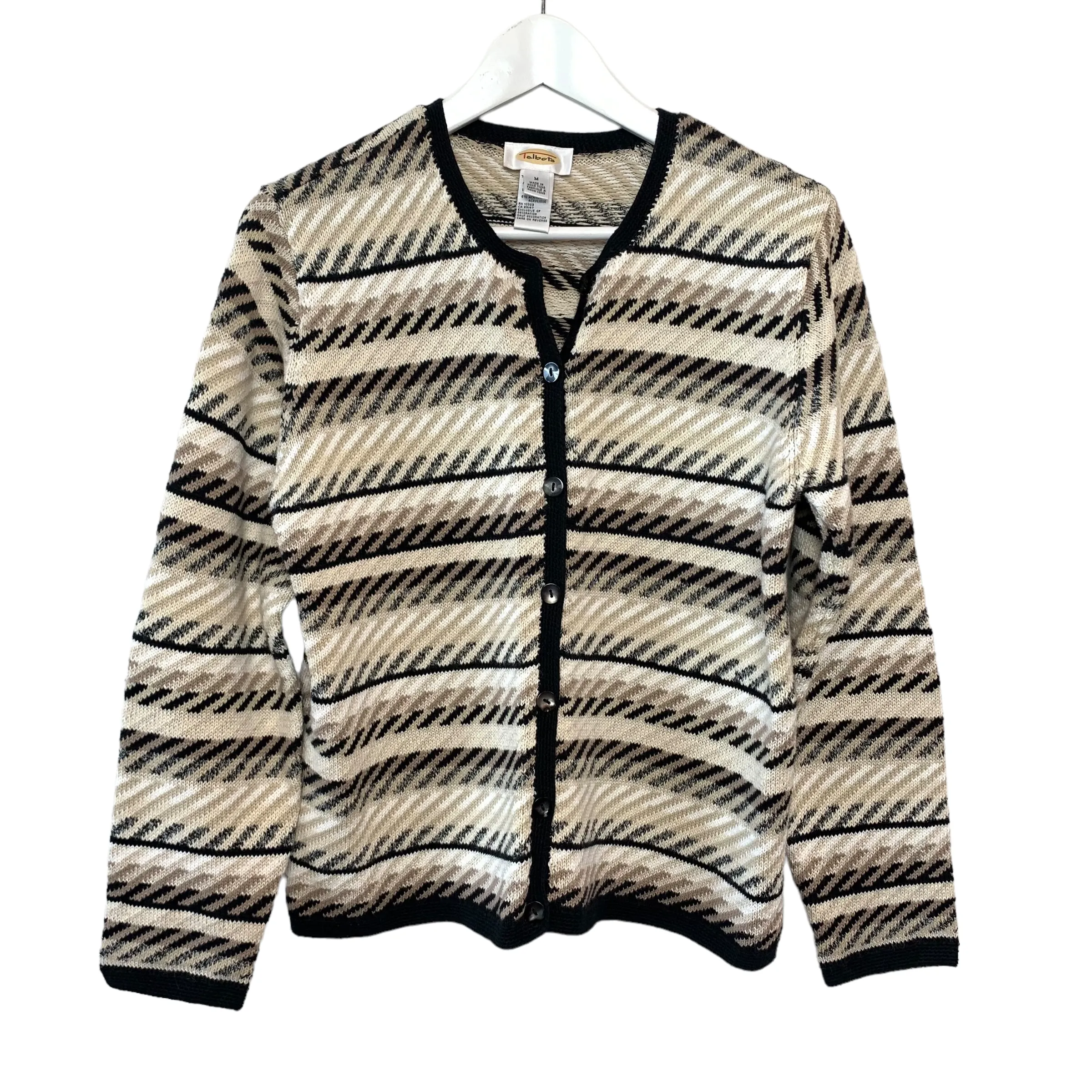 Vintage 90s Talbots Neutral Knit Striped Chunky Knit Cardigan Sweater Medium