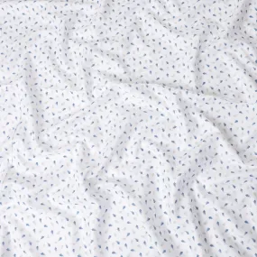 White premium 100% pure linen fabric with blue and laurel green print in Leaf design-D11095