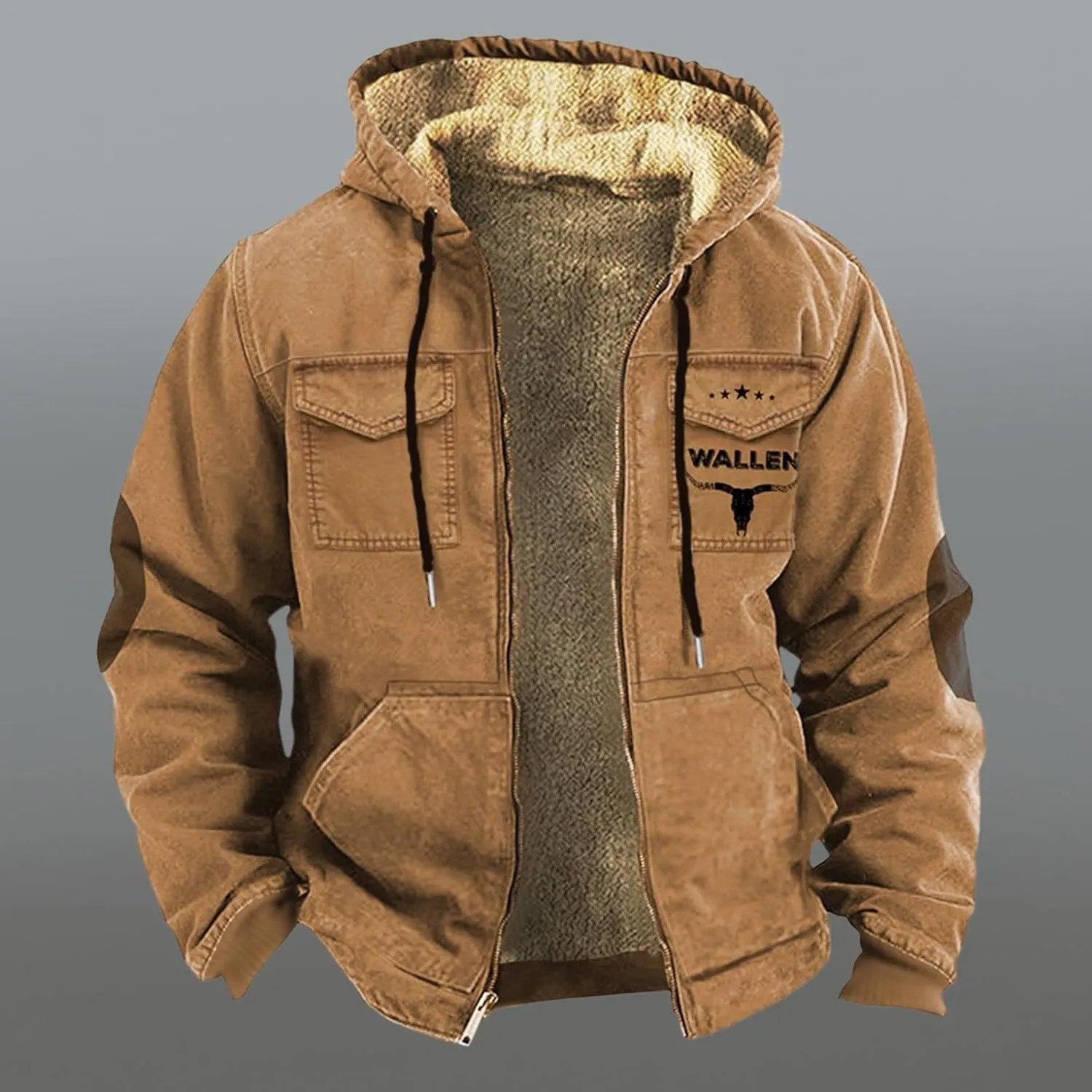 Winter Coats Plus Velvet Thickened Double Pocket Western Cow 3D Printed Hooded Brown Warm Cotton Jacket