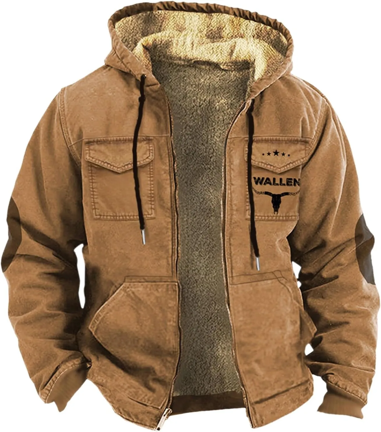 Winter Coats Plus Velvet Thickened Double Pocket Western Cow 3D Printed Hooded Brown Warm Cotton Jacket