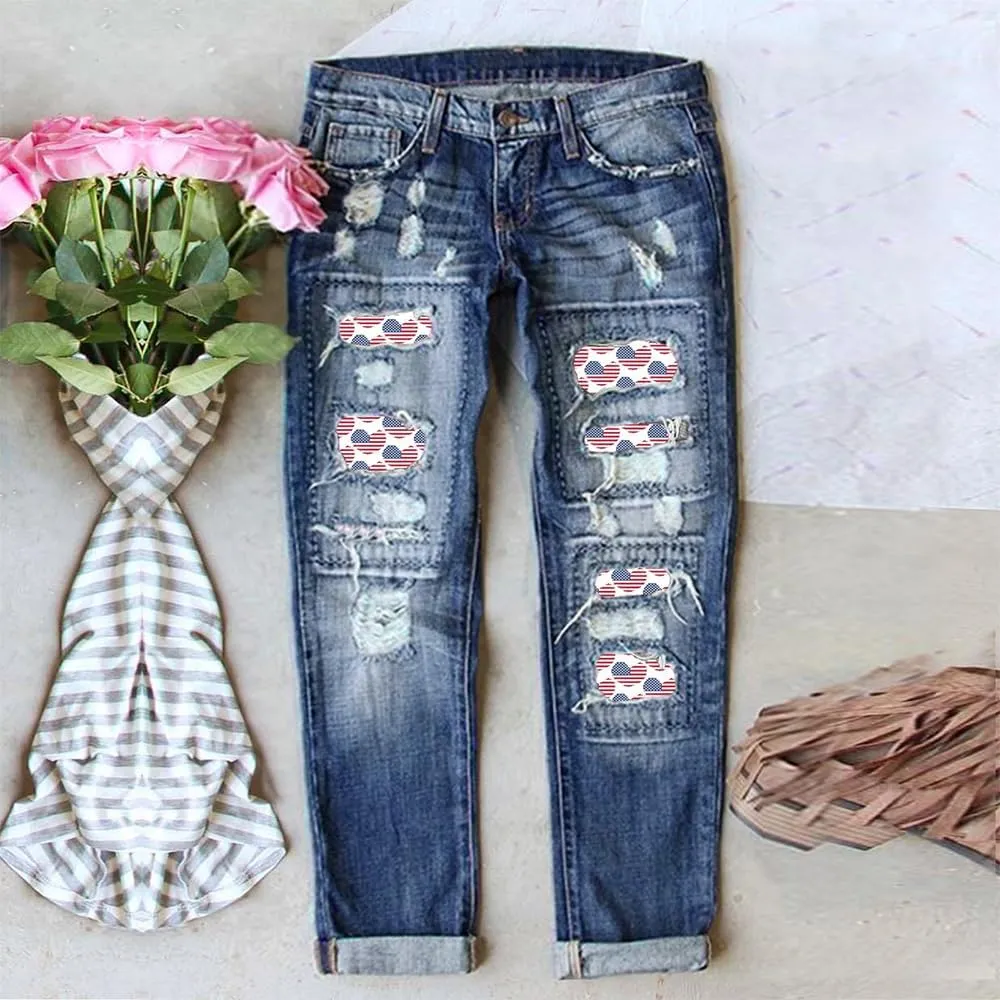 Women Distressed Ripped Jeans Raw Hem Washed Boyfriend Jeans Plaid Patch Straight Leg Denim Pants Stretch Skinny Jean
