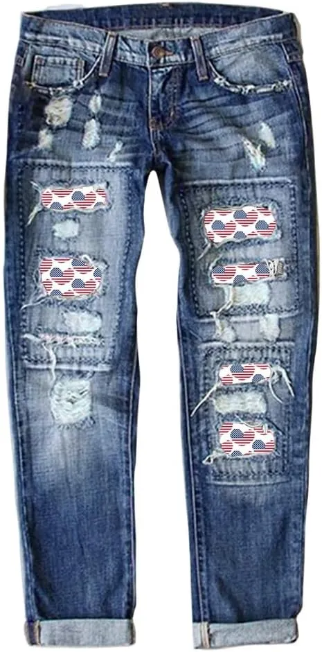 Women Distressed Ripped Jeans Raw Hem Washed Boyfriend Jeans Plaid Patch Straight Leg Denim Pants Stretch Skinny Jean