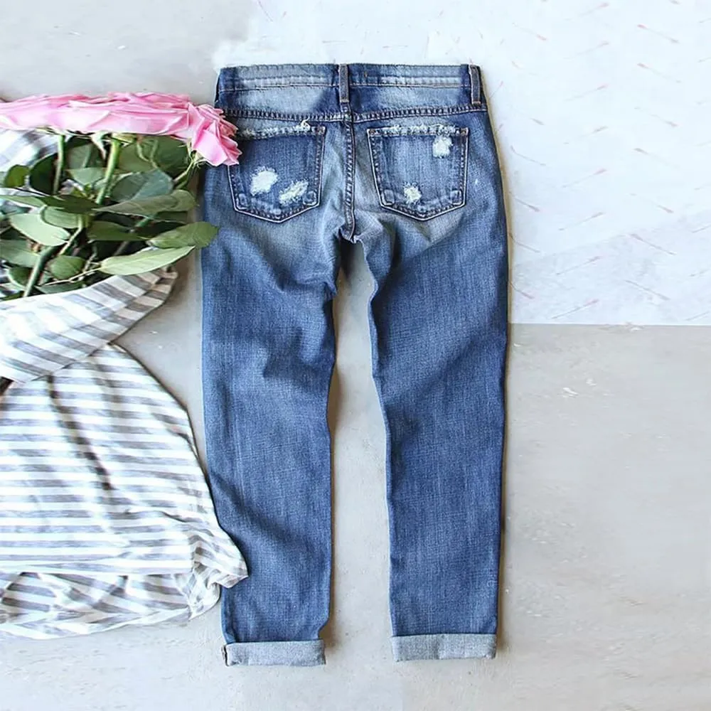 Women Distressed Ripped Jeans Raw Hem Washed Boyfriend Jeans Plaid Patch Straight Leg Denim Pants Stretch Skinny Jean