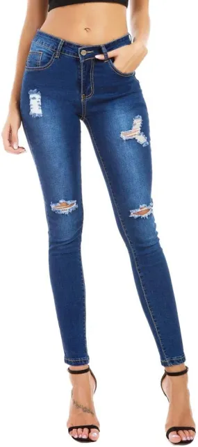 Women Ripped Jeans High Waisted Skinny Stretch Denim Pockets Washed Cigarette Pants(B-Dark Blue,6)
