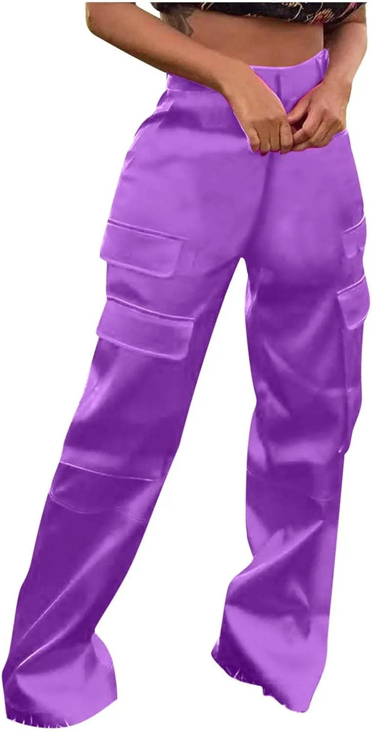 Women Satin Cargo Pants High Waisted Dressy Wide Leg Trousers Fall Casual Loose Fit Straight Long Pant Multi Pockets