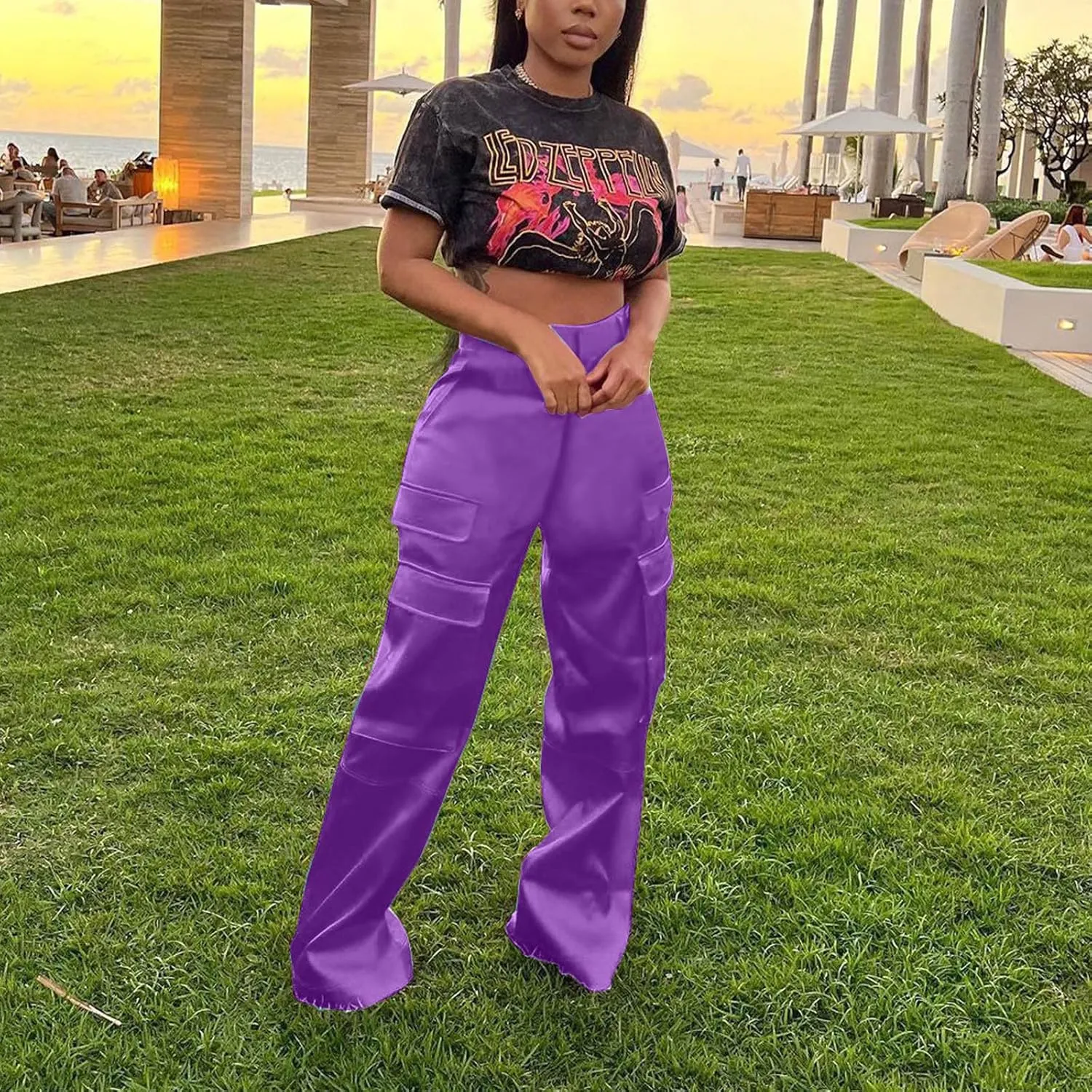 Women Satin Cargo Pants High Waisted Dressy Wide Leg Trousers Fall Casual Loose Fit Straight Long Pant Multi Pockets