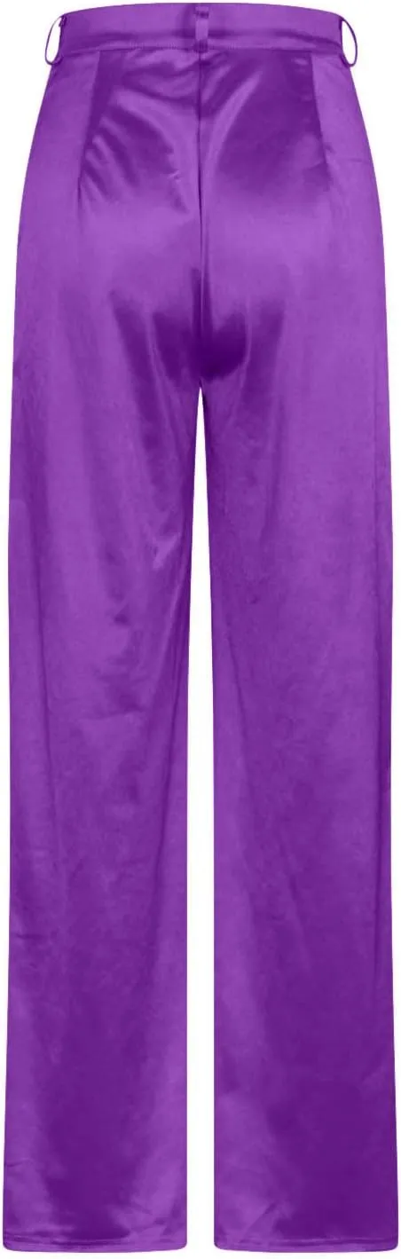 Women Satin Cargo Pants High Waisted Dressy Wide Leg Trousers Fall Casual Loose Fit Straight Long Pant Multi Pockets