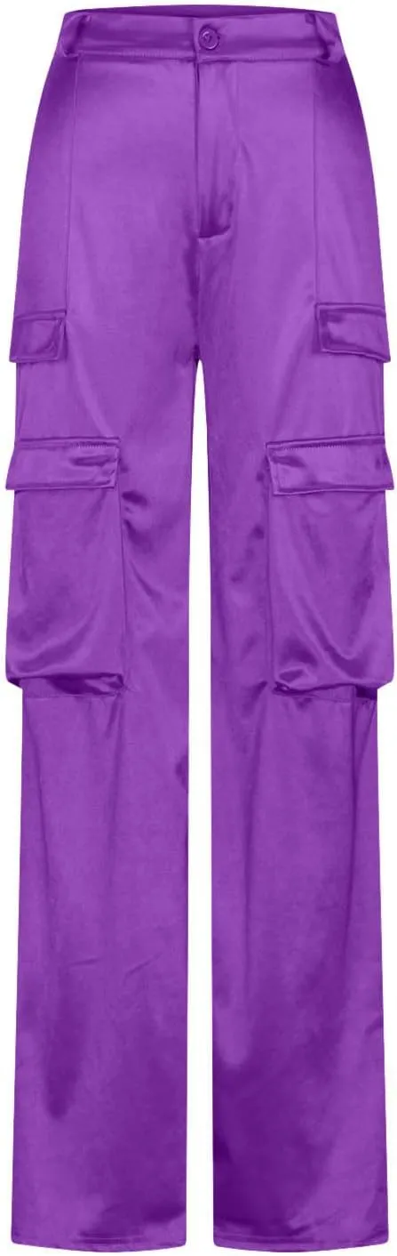 Women Satin Cargo Pants High Waisted Dressy Wide Leg Trousers Fall Casual Loose Fit Straight Long Pant Multi Pockets