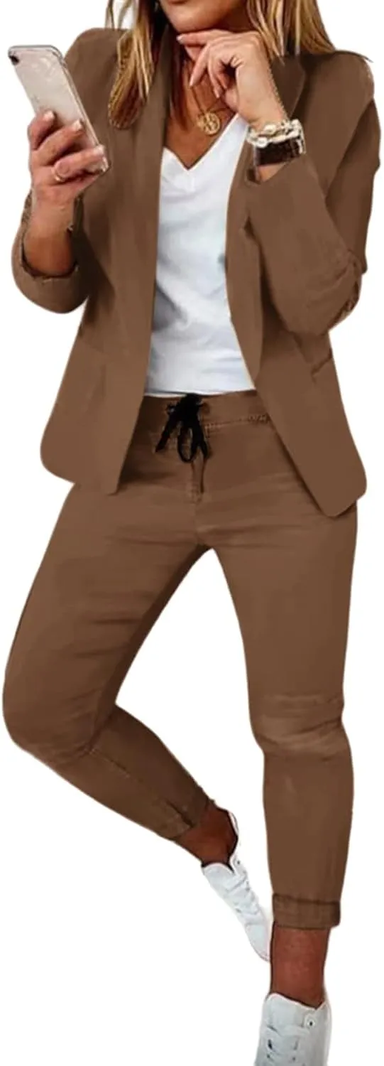 Women's 2 Piece Solid Long Sleeve Blazer and Pants Business Office Suit Set Casual Shoulder Pad Blazer Work Jackets