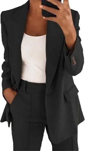 Women's 2 Piece Solid Long Sleeve Blazer and Pants Business Office Suit Set Casual Shoulder Pad Blazer Work Jackets