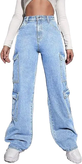 Women's Boyfriend Cargo Jeans Y2K Streetwear Wide Leg Washed Denim Cargo Pants with Multi-Pockets