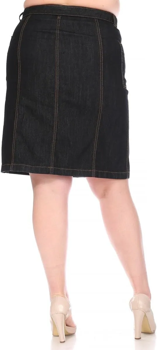 Women's Button Front Denim Midi Skirt, Black Wash, A-Line with Belt, Contrast Stitching
