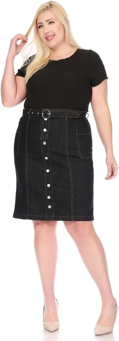 Women's Button Front Denim Midi Skirt, Black Wash, A-Line with Belt, Contrast Stitching