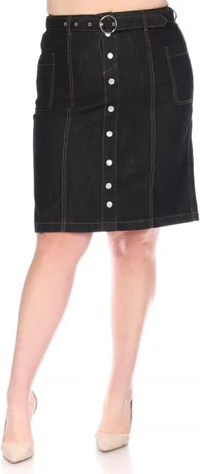 Women's Button Front Denim Midi Skirt, Black Wash, A-Line with Belt, Contrast Stitching