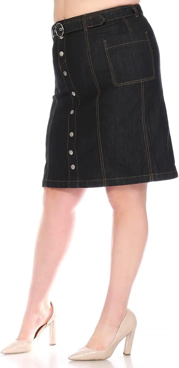 Women's Button Front Denim Midi Skirt, Black Wash, A-Line with Belt, Contrast Stitching