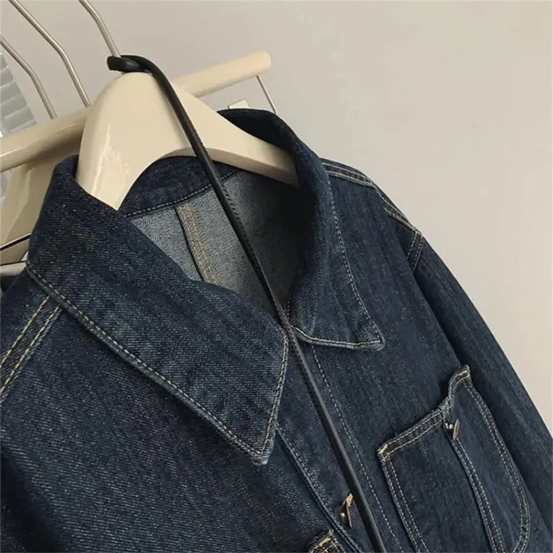 Women's Casual Button Jeans Loose Blue Lapel Washed Denim Jacket Y2k