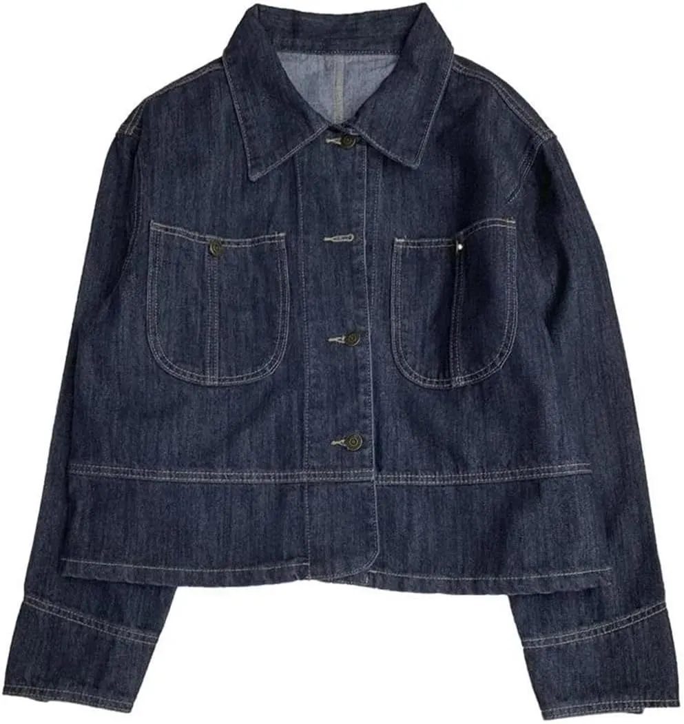 Women's Casual Button Jeans Loose Blue Lapel Washed Denim Jacket Y2k