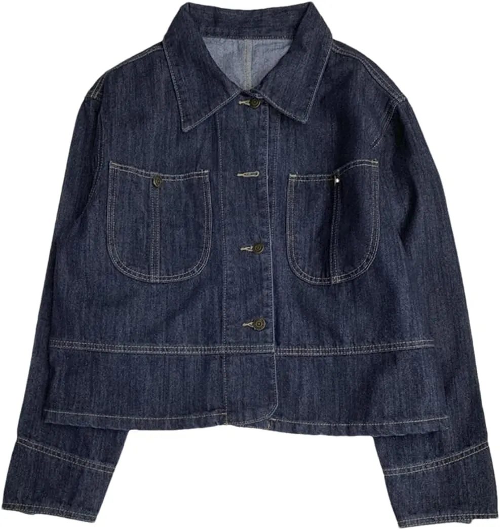 Women's Casual Button Jeans Loose Blue Lapel Washed Denim Jacket Y2k