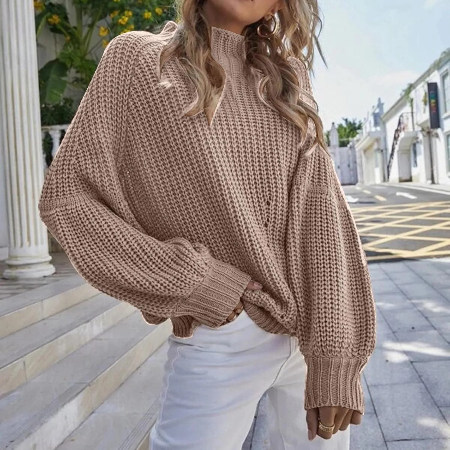 Womens Knit Sweater Oversized Turtleneck Sweater Baggy Soft Warm Loose Sweater Funnel Neck Puff Long Sleeves