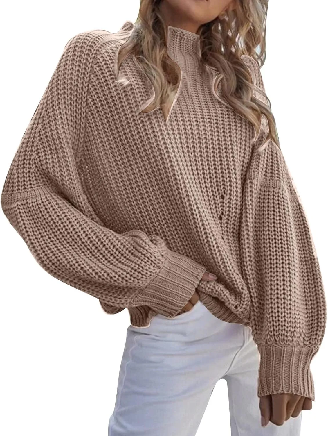 Womens Knit Sweater Oversized Turtleneck Sweater Baggy Soft Warm Loose Sweater Funnel Neck Puff Long Sleeves