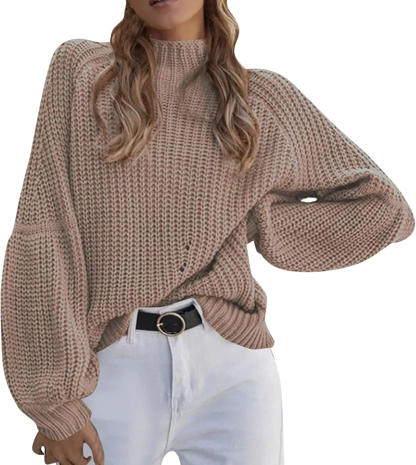 Womens Knit Sweater Oversized Turtleneck Sweater Baggy Soft Warm Loose Sweater Funnel Neck Puff Long Sleeves